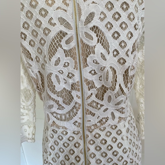 White and Nude Lace Fitted Shift Dress. Mature Wedding. Rehearsal Dress. - Picture 5 of 14